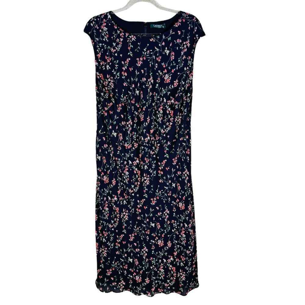 Lauren Ralph Lauren Floral on Black Midi Dress Bias Cut Feminine Sheath Size 16W
